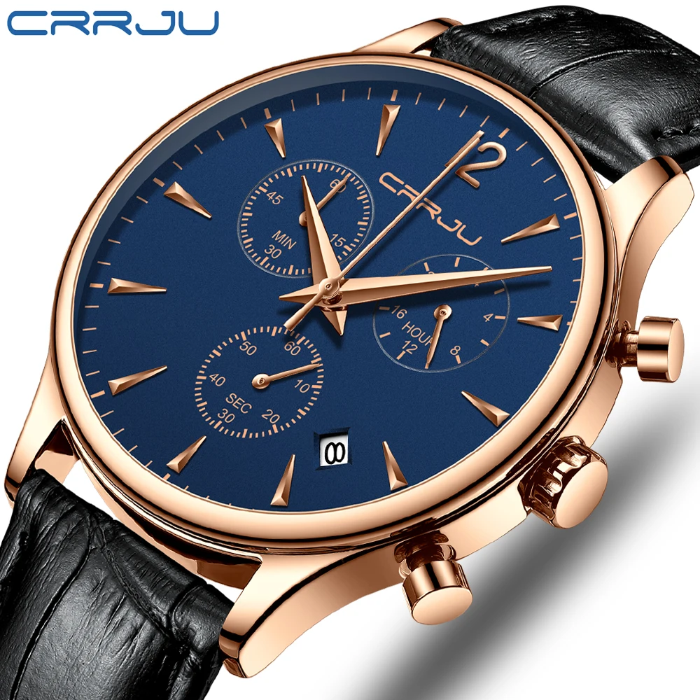 

CRRJU Men's Chronograph Watch Top Brand Luxury Waterproof 24 Hour Date Quartz Clock Male Leather Sport Wrist Watch