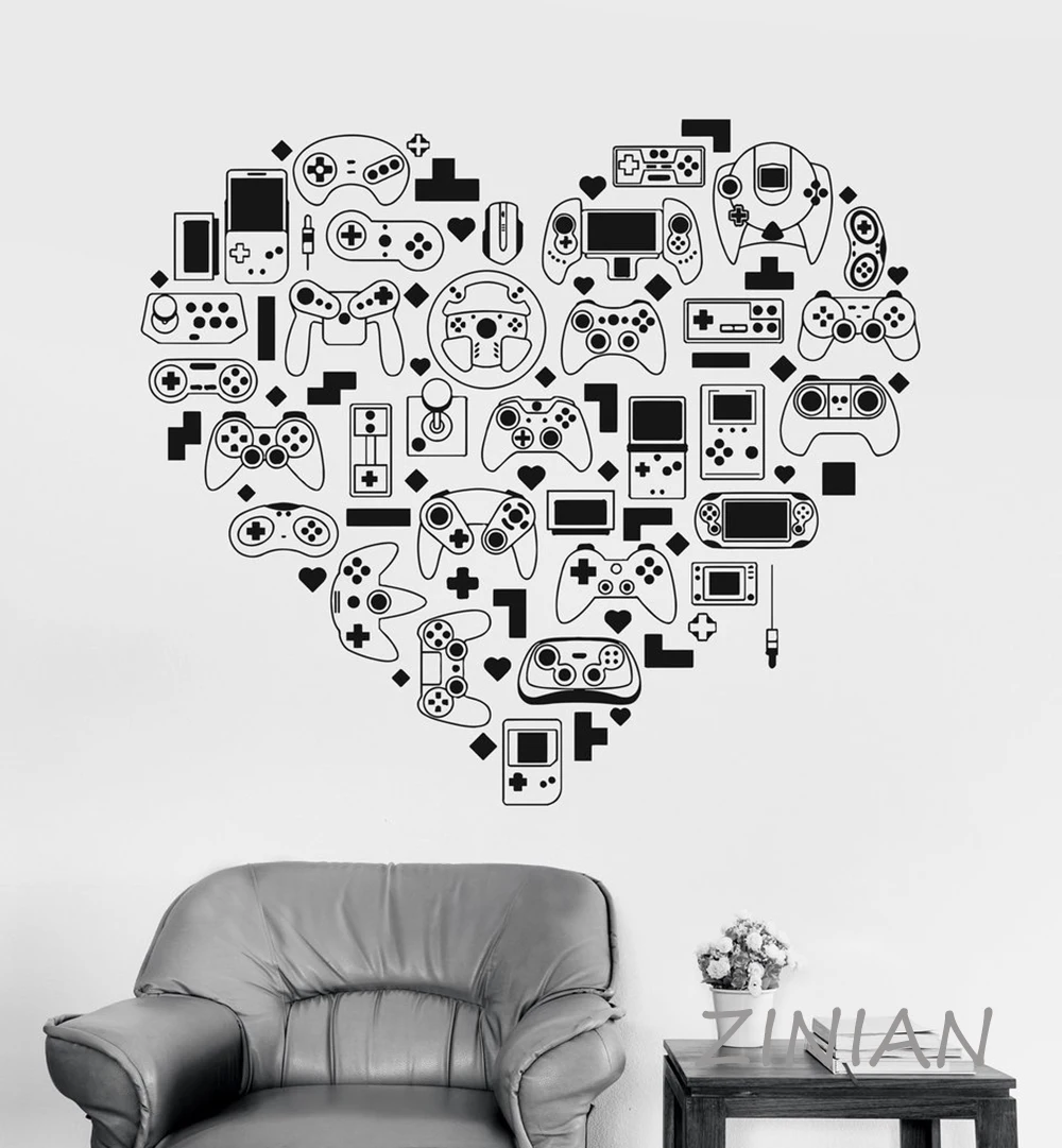 Fashion Vinyl Wall Decal Video Game Console Gamer Heart Joystick Stickers Game Zone Wall Door Decor Decals DIY Murals Z563