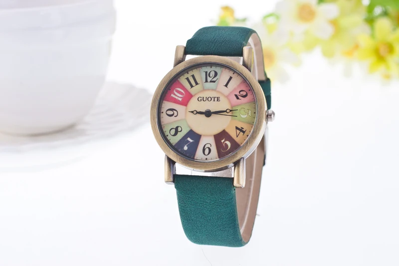 New Famous Brand Vintage Casual Quartz Watch Women Leather Strap Dress Watches Relogio Feminino Rainbow Color Number Clock Hot