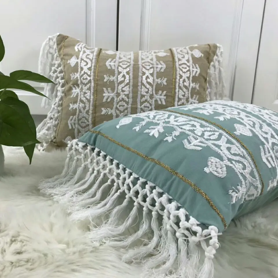 Linen Embroidery Cushion Cover Grey Blue Khaki Ethical Floral Pillow Case with Tassels For Sofa Seat Simple Home Decor 35*45cm