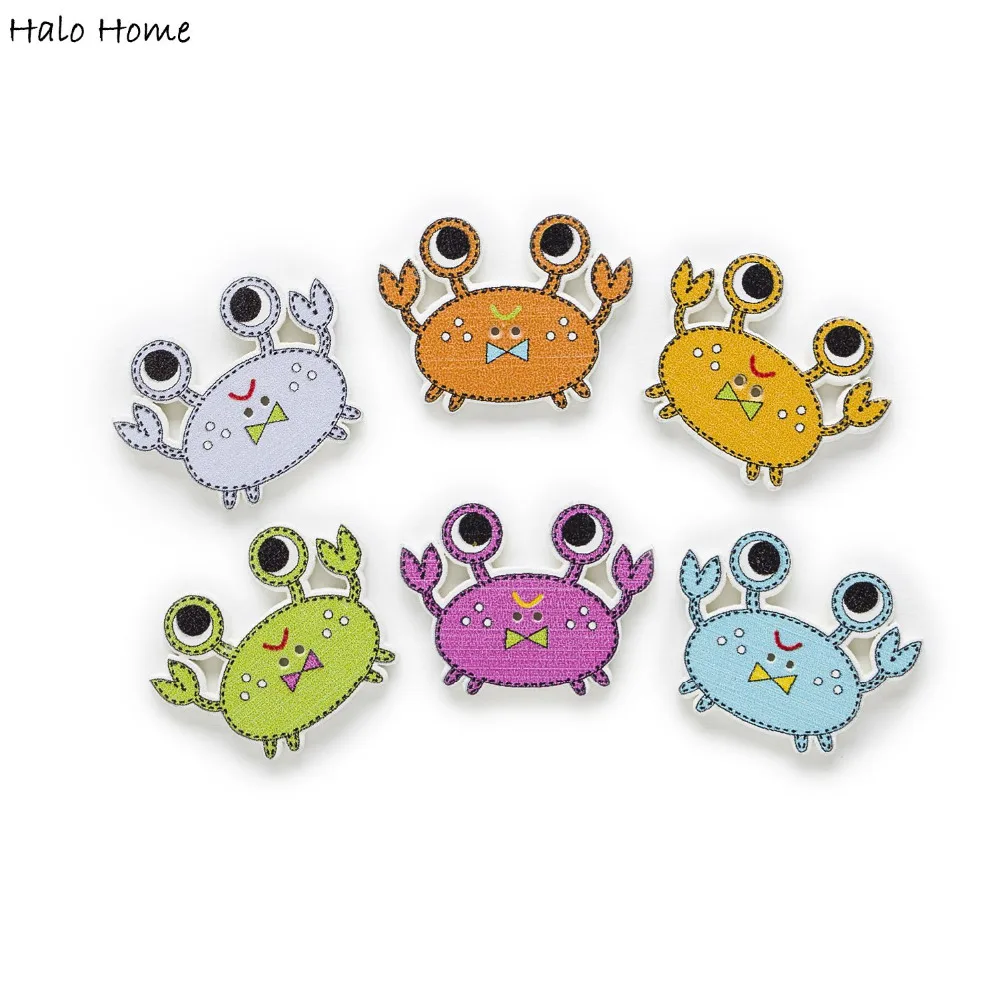 30pcs Cartoon Crab Wood Buttons Sewing Scrapbooking Gift Handwork Clothing Home Decor Card Making DIY 28x21mm