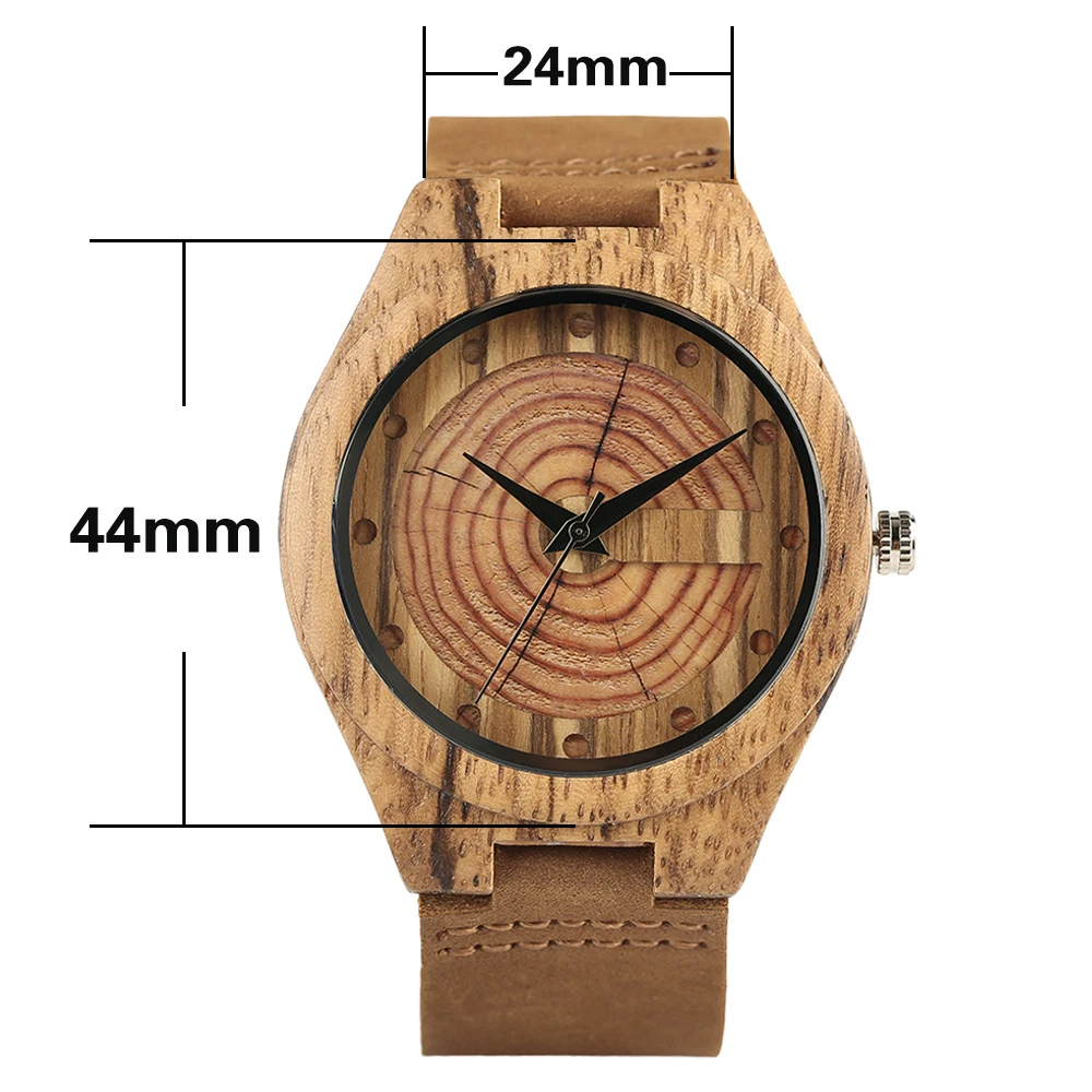 Men\'s Wood Watch Handmade Annual Rings Block Points Black Hands Men Quartz Wrist Watches Brown Genuine Leather Starp Sports Hour