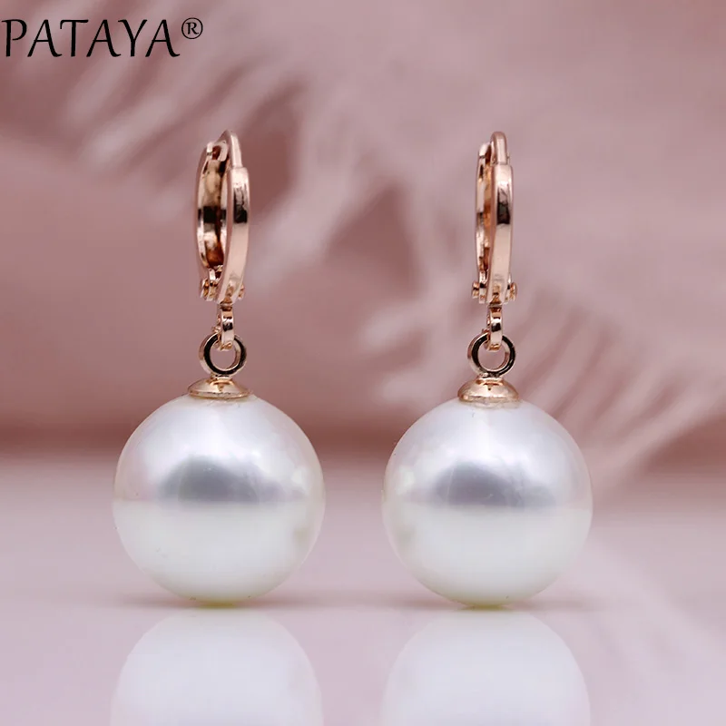 PATAYA New Round Shell Pearls Long Dangle Earrings 585 Rose Gold Color Wedding Earring Women Simple Unique Fine Fashion Jewelry