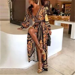 Plus Size Womens Boho Long Maxi Dress Loose Beach Holiday Casual Autumn Sundress Long Sleeve Deep V Neck Geometric Long Vestidos