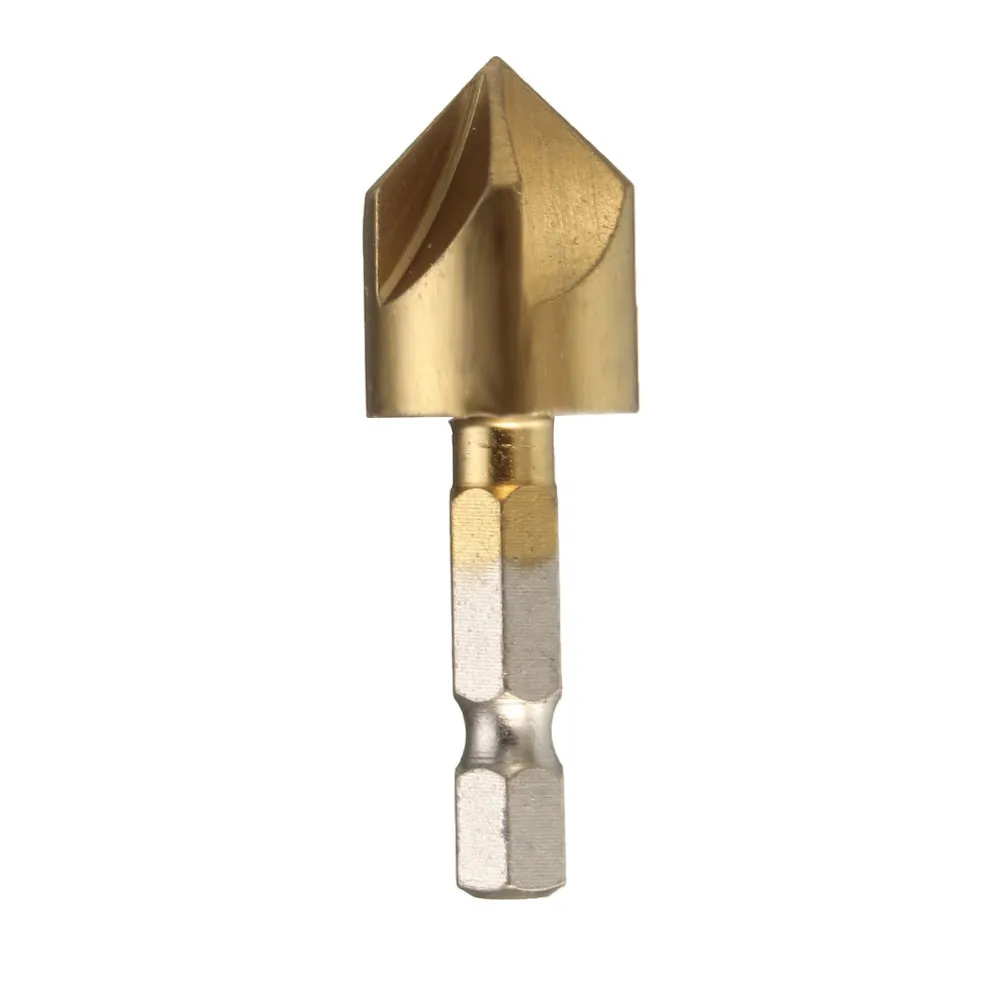 3Pcs 12/16/19Mm 5 Fluit Afschuining Countersink 1/4 "Hex Shank Hss 90 Graden Hout afkanten Cutter Afschuining Verzinkboor Boor