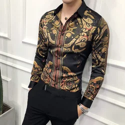 Luxury black gold shirt male 2022 new slim long sleeve petticoat fashion men's social club formal shirt evening dress shirt