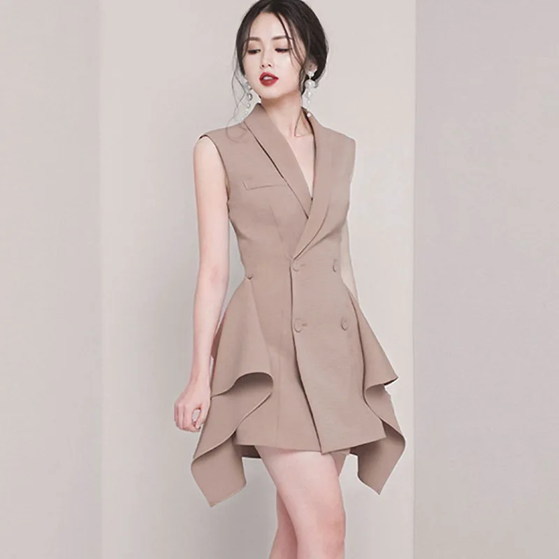 

Summer Office Lady Dresses Elegant Party Bandage Bodycon Asymmetrical Dress Notched Collar Sleeveless Tank Ruffle Women Sundress