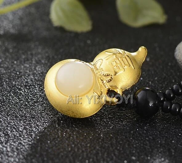 Beautiful Natural White Hetian Jade + 18K Solid Gold Chinese Fu Cucurbit Lucky Pendant + Free Necklace Fine Jewelry