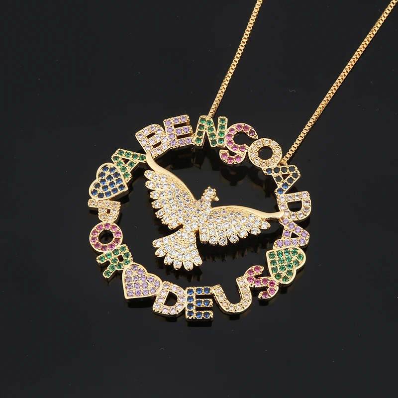 Collar con colgante de circonia cúbica para mujer, Color dorado, Cobre, Multicolor, Zirconia cúbica, águila redonda y letras, joyería de moda, Cobre