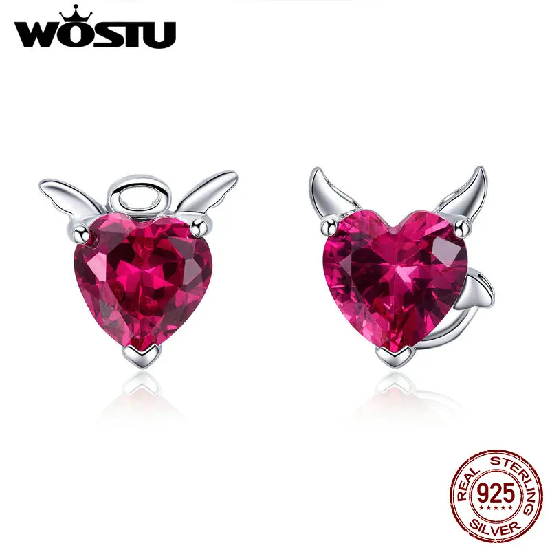 WOSTU 100% Authentic 925 Sterling Silver Red Heart Stud Earrings For Women Fashion Jewelry Original Party Gift pendientes CQE414