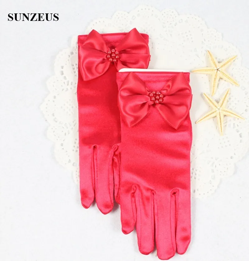 Flower Girls Short Gloves Pink Children Gloves For Wedding Party Cute Bow Gloves BV-014