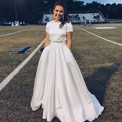 White Prom Skirts Satin A-Line High Waist Zipper Maxi Length Women's Skirts With Pocket Formal Party Skirts
