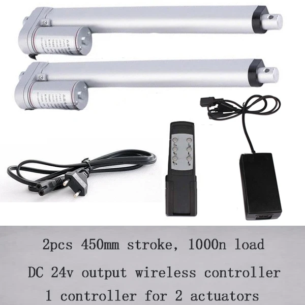 

DC brush motor door actuator with 18inch/450mm stroke, 1000N/100kgs load linear actuator with 1 for 2 type wireless controller