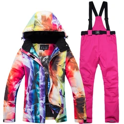 Four SIize Thicken Waterproof Female Ski Suit Sets Super Warm Climbing Skiing Winter Snow Jacket+Pant Outdoor Snowboard Sets