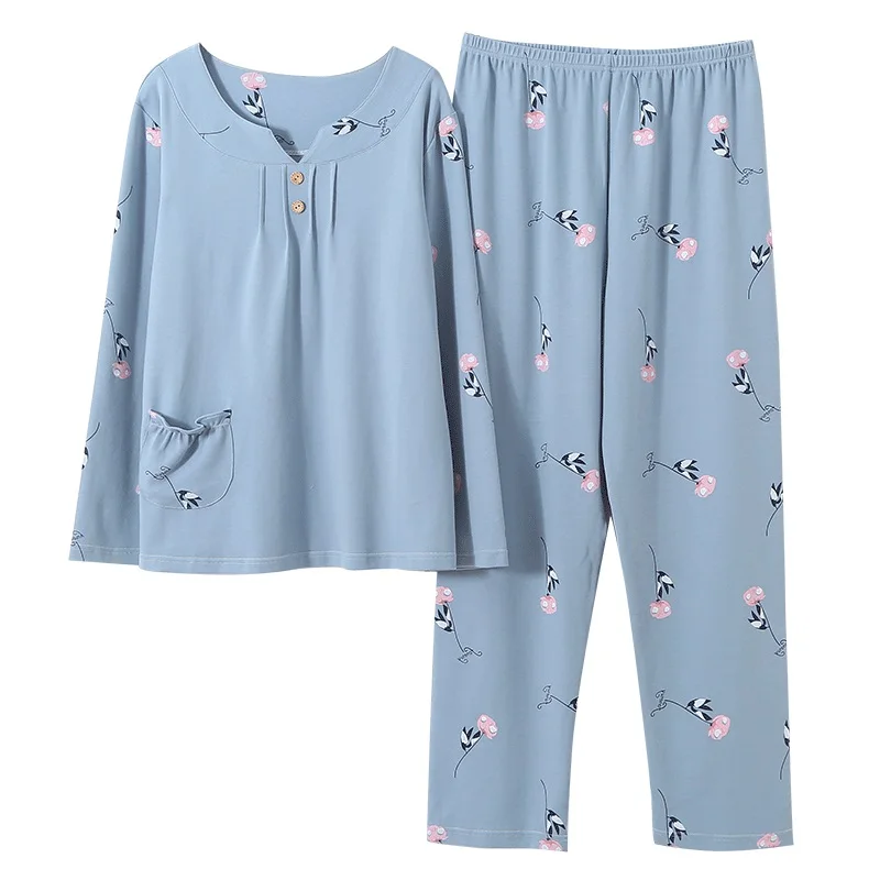 Conjunto de pijama de manga larga con cuello en V para mujer, ropa de dormir con estampado floral, Camisón de algodón, M-4XL de yardas grandes, otoño