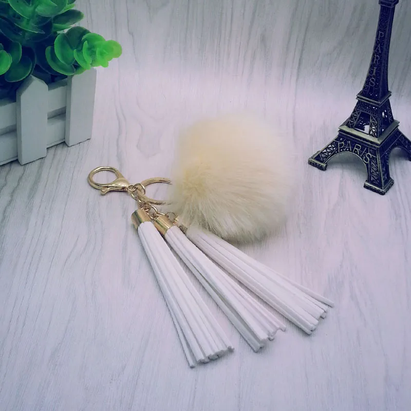 Women Tassel Fur Ball Key Chain with 3 Tassels and 8cm Pompom Plated Gold- For Car Keychain Bag Key Ring Jewelry 16012