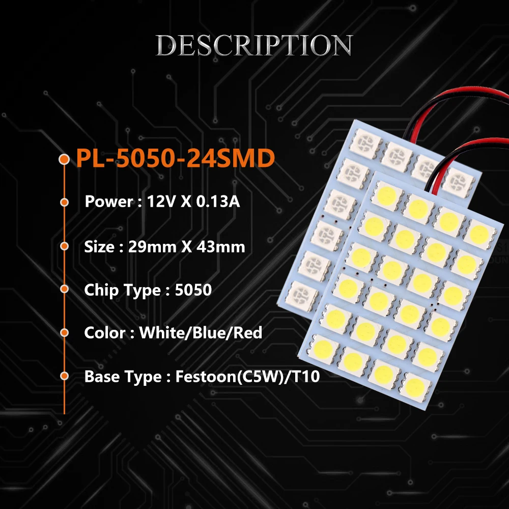 

2pcs 12V 24 SMD 5050 Light Panel W5W T10 Festoon C5W 2Adapters Interior Dome Reading Car Light White Red Blue