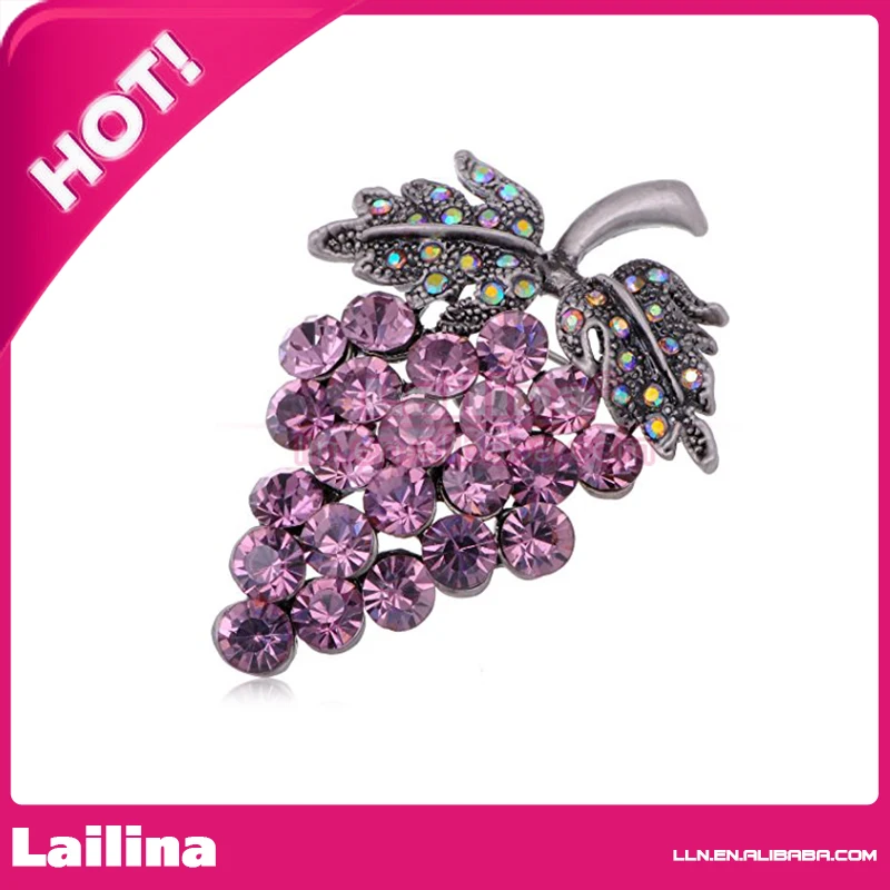 20pcs/lot Silver Tone Purple Grapes With Colored Rhinestones Fruit Brooch Pin