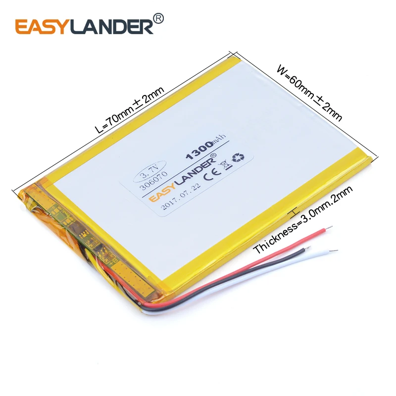 3-wire 306070 3.7V 1300mAh Rechargeable li Polymer Battery For PSP GPS DVR E-Book Tablet PC Power Bank Wexler Book E6005 406070