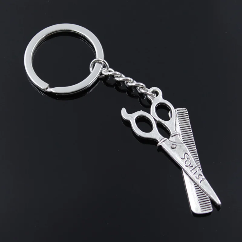 

New Fashion Men 30mm Keychain DIY Metal Holder Chain Vintage Barber Scissor Comb Stylist 24x53mm Silver Color Pendant Gift