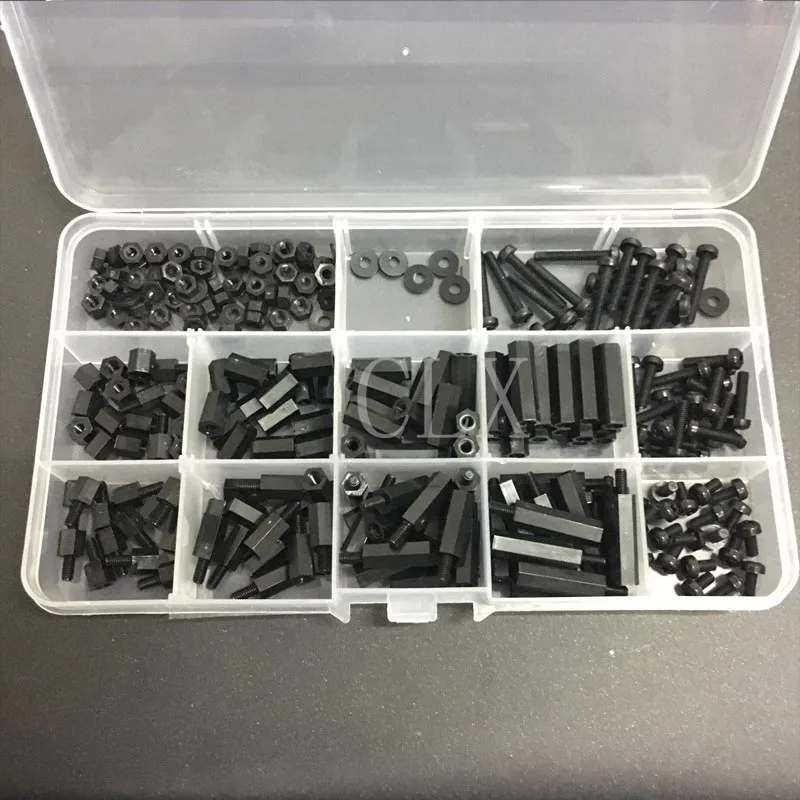 

260Pcs/Set M3 Nylon Hex Spacers Screw Nut Stand-off Plastic Parts Plastic Standoff Set black Kit Sample Box for Raspberry pi