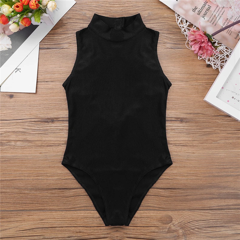 Kids Teens Sleeveless Mock Neck Professional Ballet Dancewear Girls Gymnastics Leotard Gym Workout Bodysuit Performance Costume