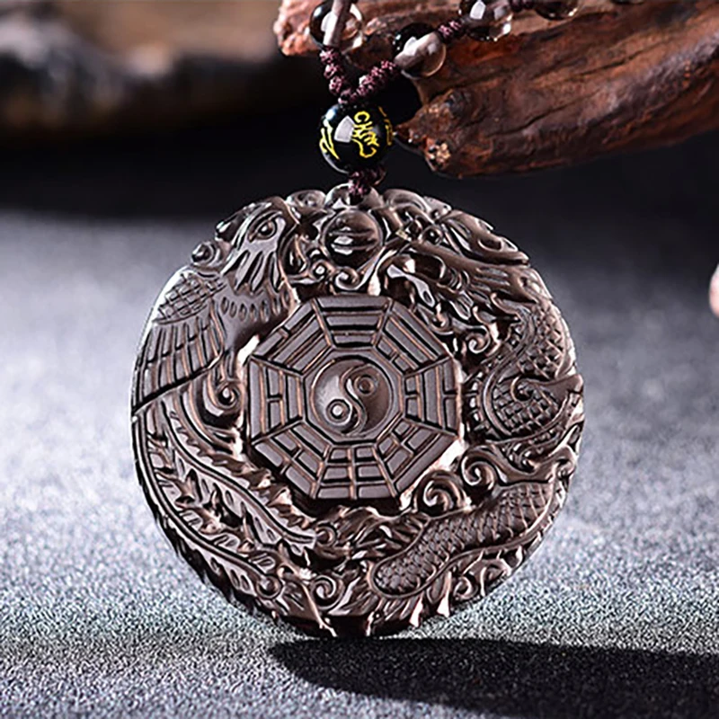 Natural Stone Pendant Necklace Dragon Phoenix with Chain Eight Trigrams Pendant  Ice Obsidian Amulet Peace Mascot For Men/Women