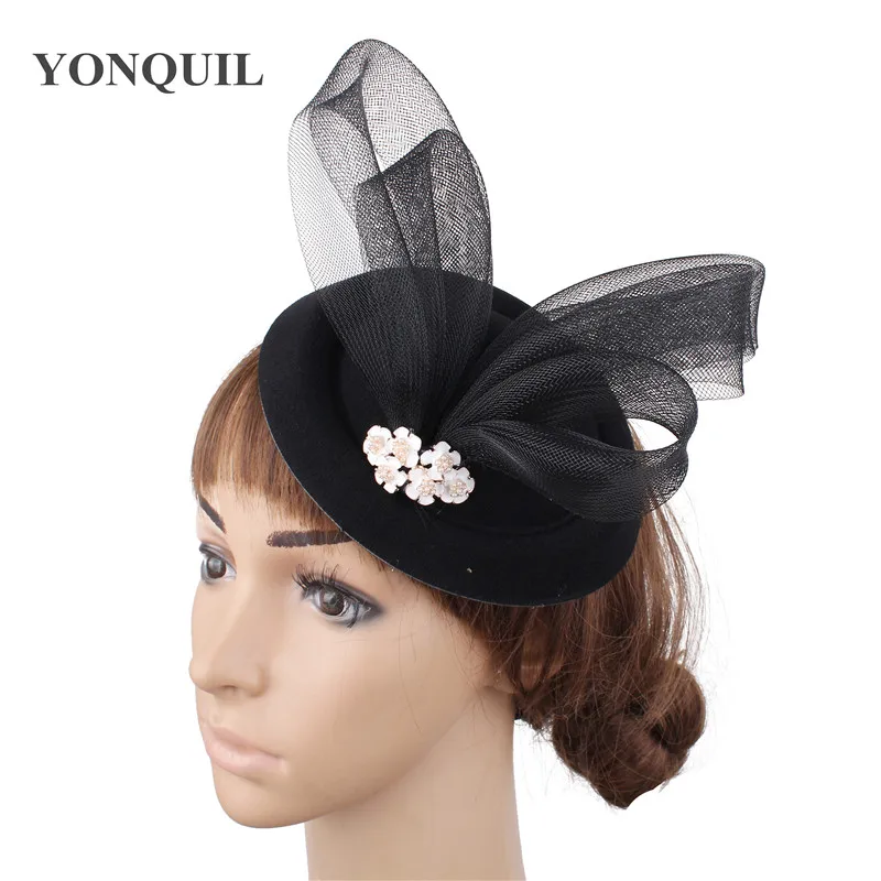 

NEW Girls Vintage Black Fedora Loops Hats Elegant Ladies Wedding Fascinators Felt Wool Hair Clips Wedding Race Headdress SYF279