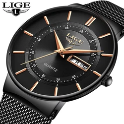 LIGE-Reloj deportivo de lujo para hombres, cronógrafo ultradelgado de cuarzo, con correa de acero e indicador de fecha, estilo casual, marca superior, impermeable