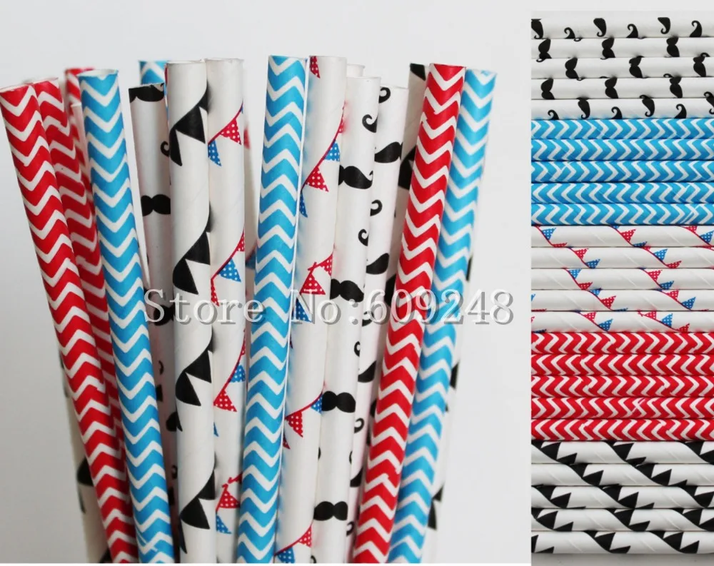 125 Pcs Drinking Party Paper Straws Mix,Blue and Red Chevron,Black Mustache and Pennant Banner,Blue Red Bunting,Kids Retro Straw