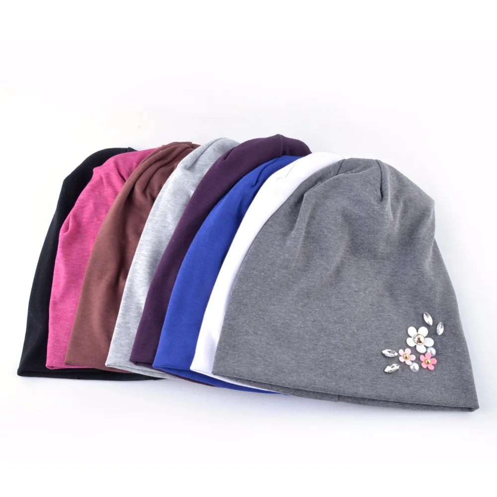 Solid Color Hat For Women Rhinestone Flower Beanies Skullies Ladies Elegant Beanie Cap Female Spring Autumn Bonnet Gorras Chapeu