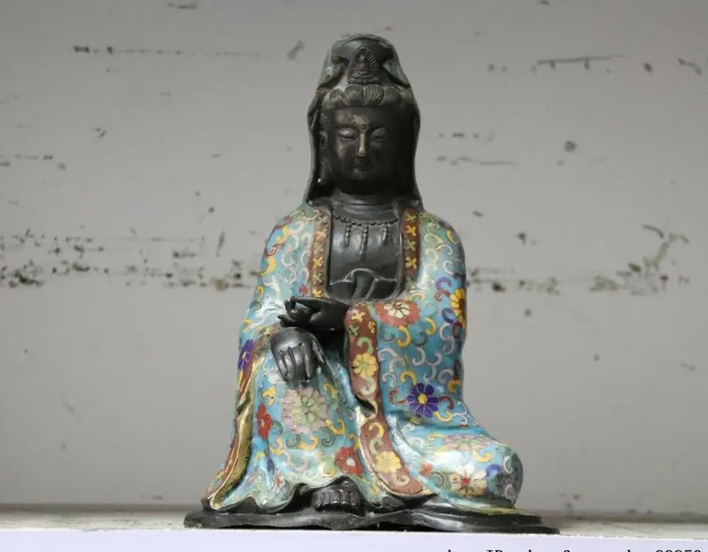 Rare Copper Cloisonne Enamel Bronze Kwan-yin Guanyin Guna Yin Goddess Statue