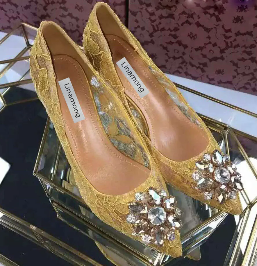 Romantic Ladies Gem Crystal Flower Buckle Lace Pumps Woman Floral Lace Bridal Shoes Sexy Pointed Toe Rhinestone Wedding Shoes