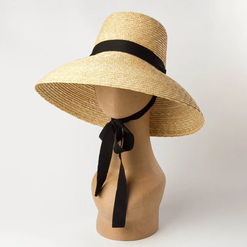 Women Summer Big Floppy Hat Wheat Straw Hat with Black White Ribbon Lace Tie 15cm Wide Brim Sun Hat UV Protection Beach Cap