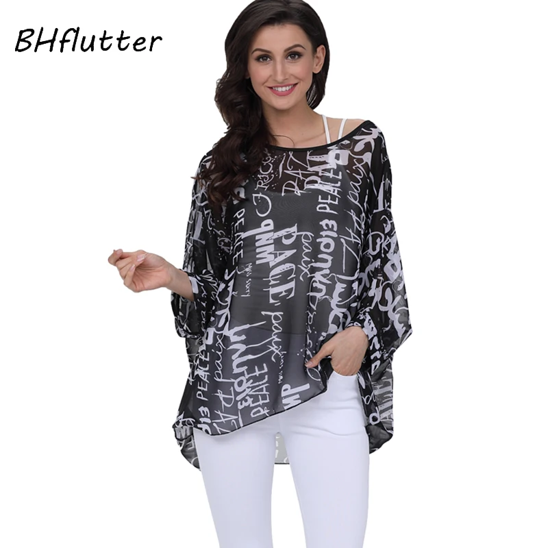 BHflutter Plus Size 2018 Women Tops Tees Batwing Sleeve Casual Loose Chiffon Blouse Shirt O neck Solid Summer Blouses Blusas