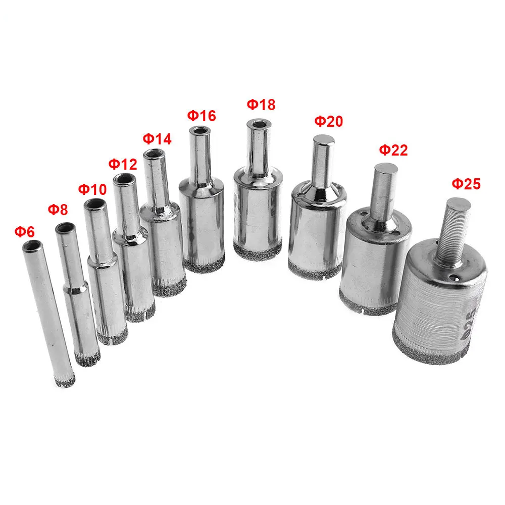 10/12/14/16/18/20/22/25mm Diamond Coated Core Hole Saw Drill Bit Set Tools Glass Drills Hole Opener for Tiles Glass Ceramic
