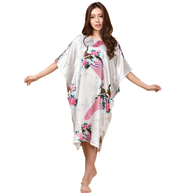 Hot Sale Chinese Women\'s Silk Sleepwear Robe Summer Lounge Home Dress Printed Peacock Yukata Nightgown J06