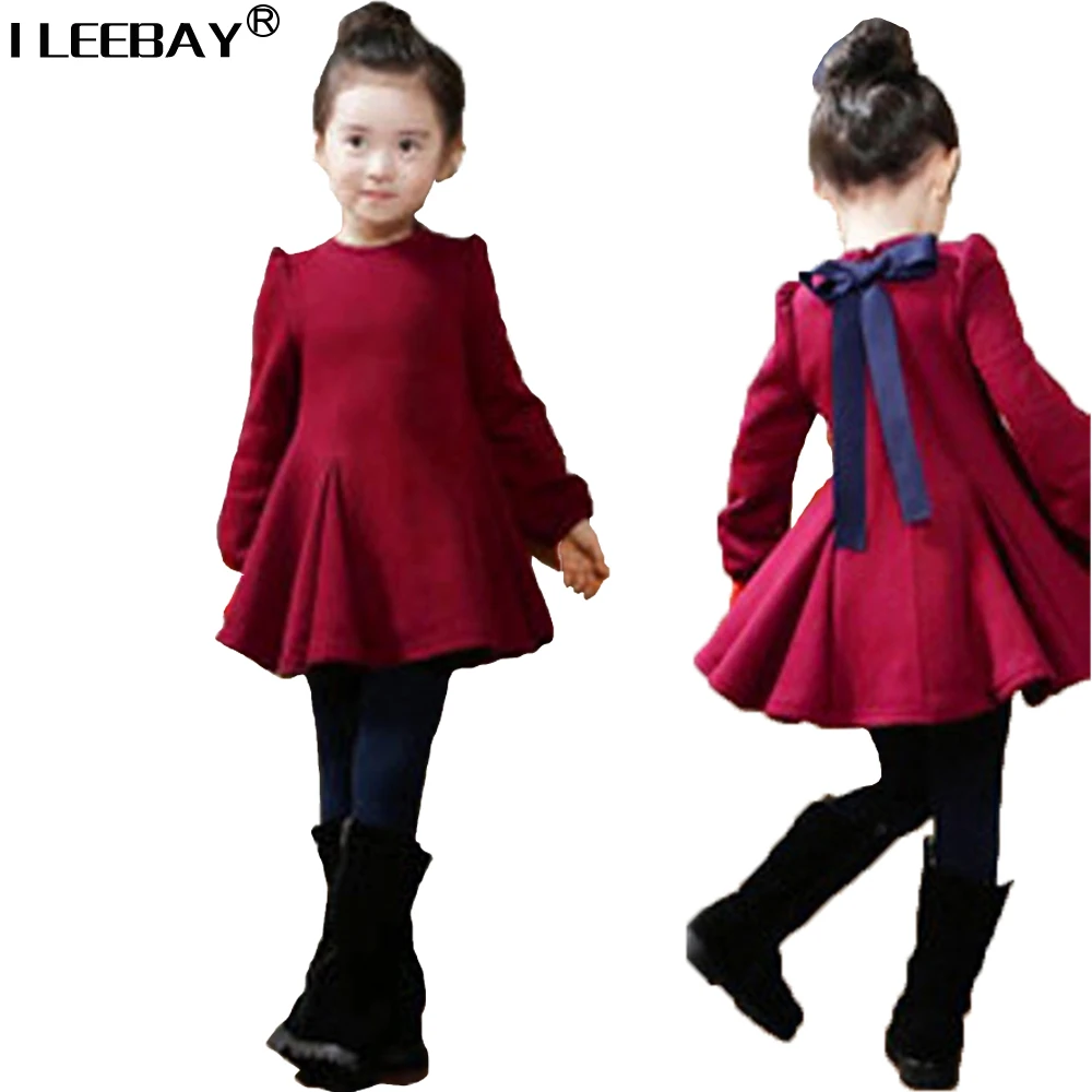 

New Arrival Warm Autumn&Winter Cotton Girl Korean Dress Cute Bow Full Sleeve Velvet Pleated Dress Girls Thicker Clothes Vestidos