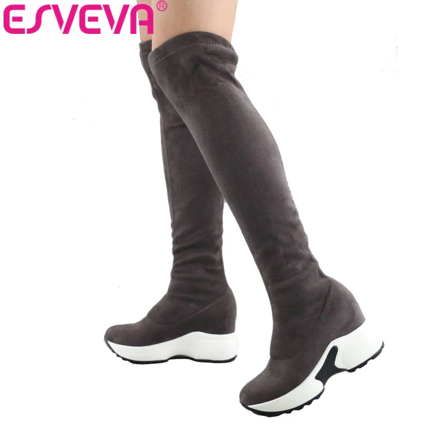 ESVEVA 2020 Over The Knee Boots Winter Women Boots Wedge High Heel Slip On Elastic Flock Motorcycle Boots Platform Size 34-43