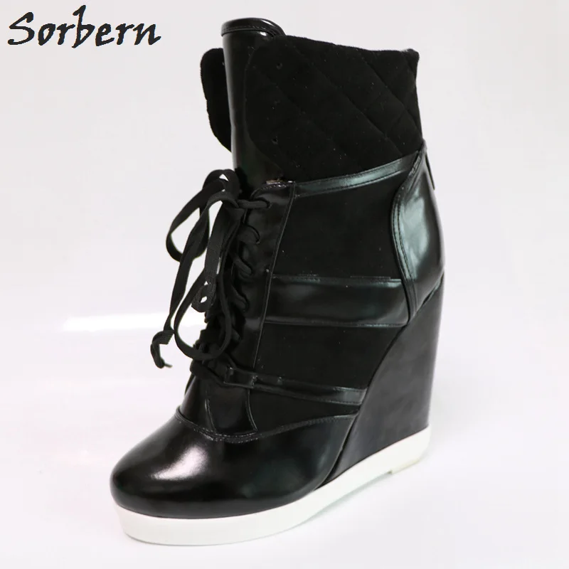 

Sorbern Black Oil Pu Women Boots Ankle High Lace-Up Us Size 15 Wedge Heeled Boots Women Black Shoes For Women Footwear