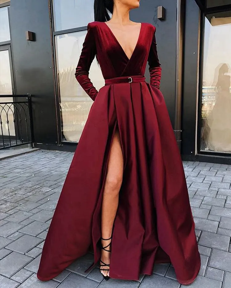 Burgundy Muslim Prom Dresses 2024 V-Neck Velour Satin Formal Dress With Pockets High Slit Elegant Long Sleeve Evening Gowns