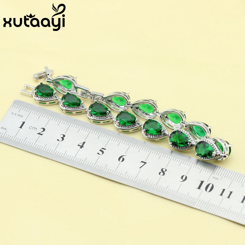 Hot Sell Silver Color Jewelry For Women Water Drop Green Imitated Emerald  Fashion Link Chain Bracelets Length 18+2cm Free Box