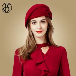 FS Ladies Red Wedding Hat For Women Vintage 100% Wool Felt Pillbox Hats Black Fascinator Winter Fedoras Bow Beret Church Hats