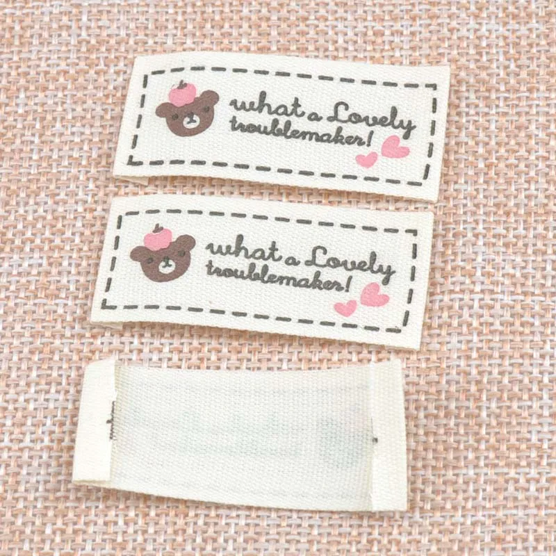 50pcs Beige Woven Labels For Clothing Care Labels Cartoon Bear Woven Labels Clothing Shoes Bags Washable Garment Tags CP1532