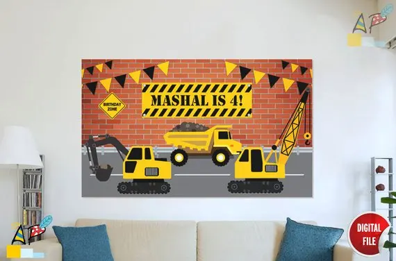Fondo de fiesta con impresión por ordenador, bandera de construcción personalizada, camión, grúa de cumpleaños, pared de ladrillo rojo