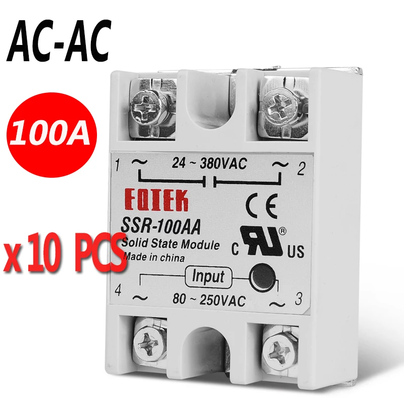 

10Pcs 100A Single Phase Solid State Relay AA SSR-100AA SSR 80-250VAC TO 24-380VAC AC-AC