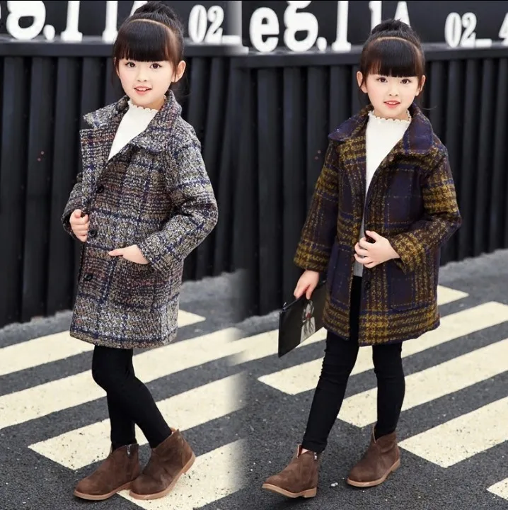 Girls Fall Winter Trendy Woolen Jacket Overcoat Children's Grid Wool & Blends Outerwear Korean Female Kids Princess Coat X237