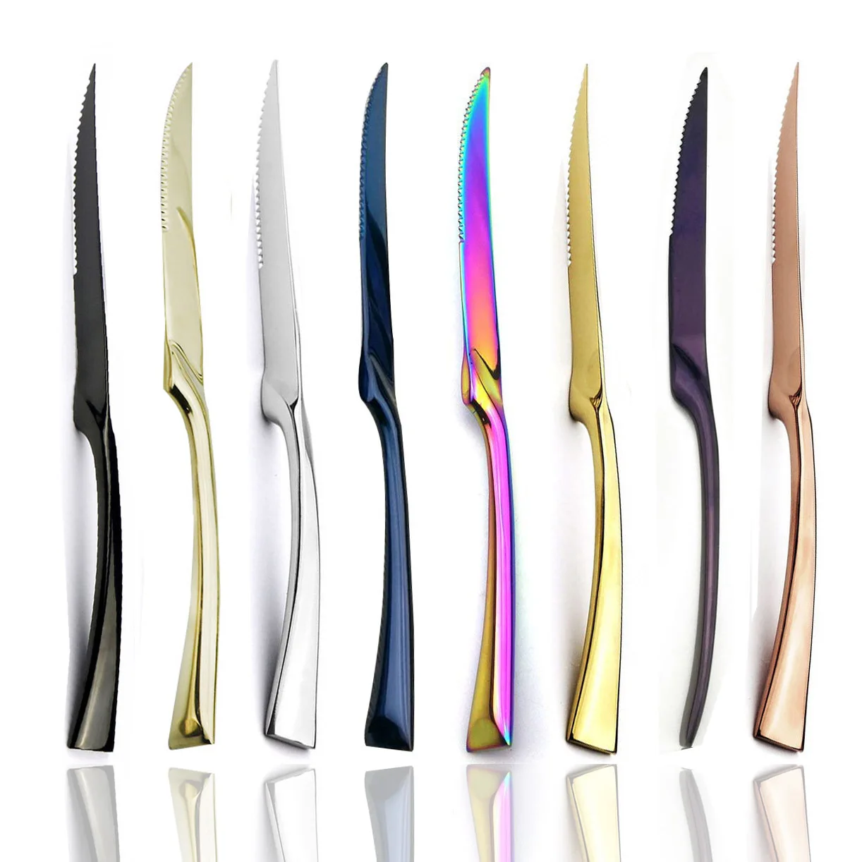 New 2 Pcs/set Top quality Stainless Steel Gold Steak Knife Sharp Rainbow Knives Restaurant Black Steak Knives in dinnerware set