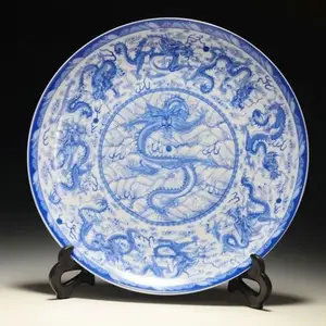Изысканная китайская сине-белая фарфоровая тарелка ручная роспись 9 дракона