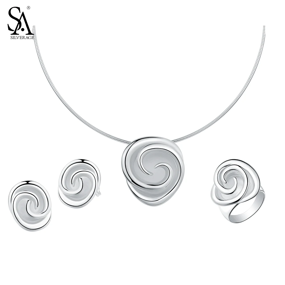 SA SILVERAGE 925 Sterling Silver Rose Jewelry Sets for Women Choker Pendant Necklaces 925 Silver Stud Earrings Wedding Rings